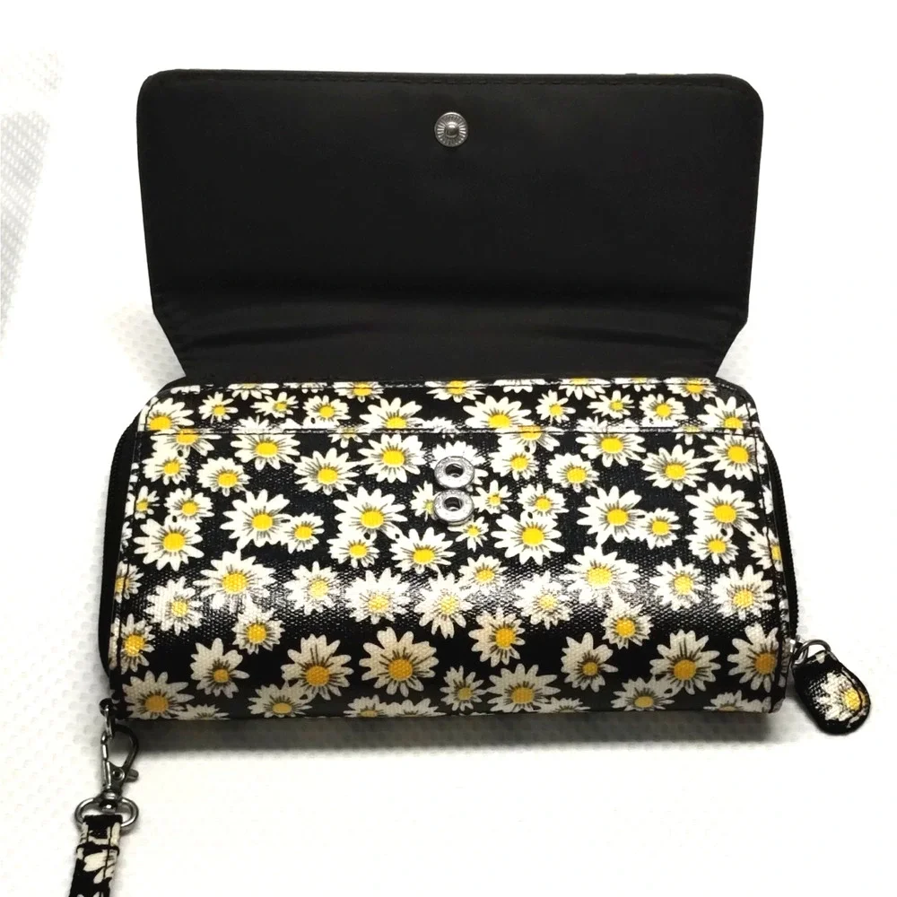 Safe Keeper Boho Daisy Floral Womens Wristlet Wallet Clutch Black Yellow Bag